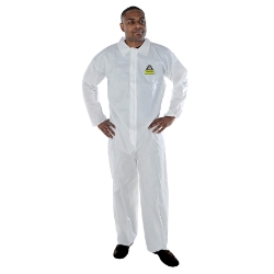 DEFENDER, Microporous Disposable Coverall, features serged seams, a zipper front and collar, and open wrists and ankles. 25/Case 