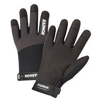 RADNOR Black And Gray Spandex And Leather Full Finger Mechanics Gloves With Hook and Loop Cuff 