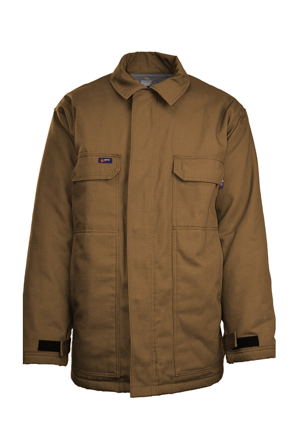 FR INSULATED CHORE COAT 8.5oz. 100% Cotton PU Laminate Duck/ Lining: 12oz. Quilted Lining 46% Cotton 50% FR Non Woven Modacrylic 4% FR Polyester - JCFRWS9
