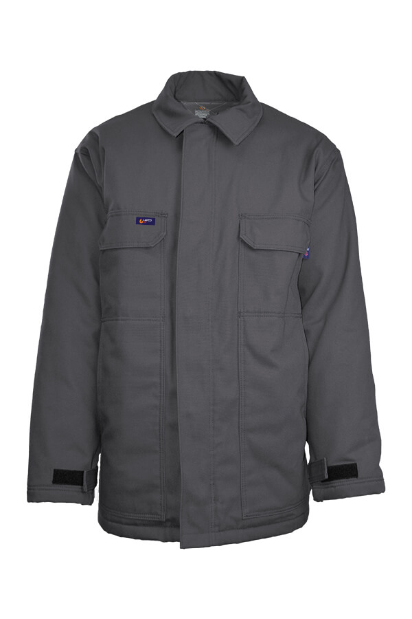 FR INSULATED CHORE COAT 8.5oz. 100% Cotton PU Laminate Duck/ Lining: 12oz. Quilted Lining 46% Cotton 50% FR Non Woven Modacrylic 4% FR Polyester - JCFRWS9