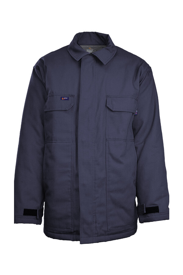 FR INSULATED CHORE COAT 8.5oz. 100% Cotton PU Laminate Duck/ Lining: 12oz. Quilted Lining 46% Cotton 50% FR Non Woven Modacrylic 4% FR Polyester - JCFRWS9